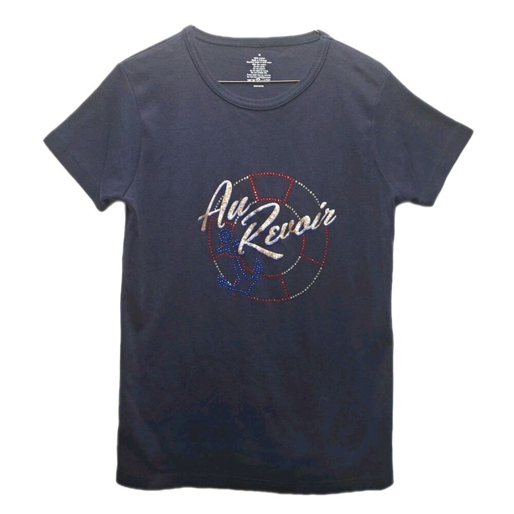 Women's Au Revoir TShirt Navy Glittery/Shiny Rhinestone Logo Short Sleeve Size M